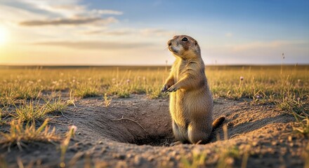 A prairie dog standing upright at burrow entrance 1