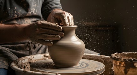 A close-up on the muddy, skillful hands of a potter shaping a clay vase on a spinning wheel, illustrating traditional craftsmanship and ceramic production