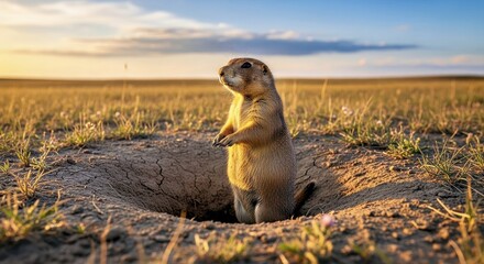 A prairie dog standing upright at burrow entrance 