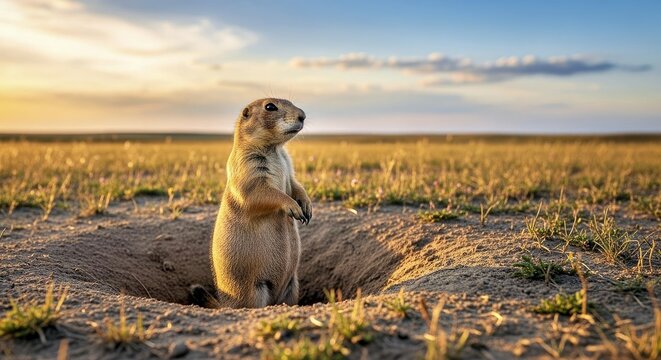 A prairie dog standing upright at burrow entrance 2 - Powered by Adobe
