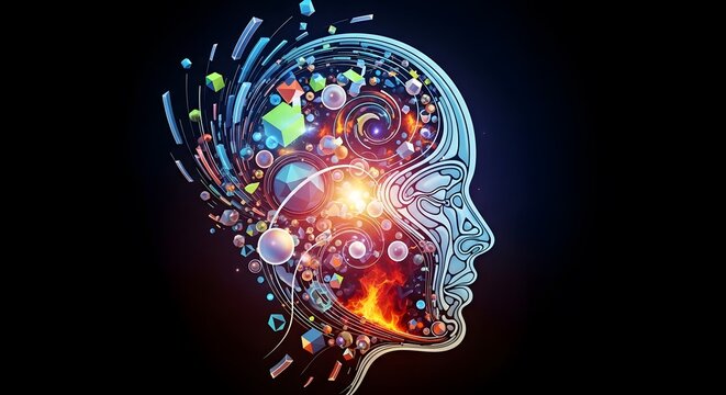 A glowing human head with a vibrant explosion of data, icons, and colors inside, representing creativity, artificial intelligence, and complex thought processes.