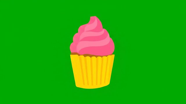 Delicious pink frosted cupcake animation rotating isolated on chroma key green screen background for graphic design projects