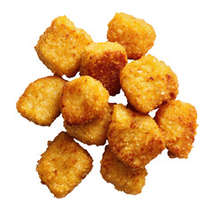 Pile of crispy, golden-brown, breaded food pieces on a dark backdrop
