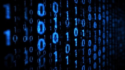 Binary Code: A digital cascade of ones and zeros creating an abstract representation of computer data. The vibrant blue-toned numbers cascade on a dark canvas.