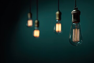 Multiple glowing vintage Edison-style light bulbs suspended against a dark background