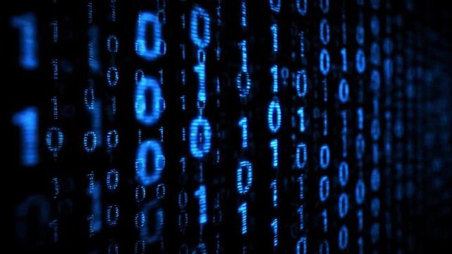 Binary Code: A digital cascade of ones and zeros creating an abstract representation of computer data. The vibrant blue-toned numbers cascade on a dark canvas.