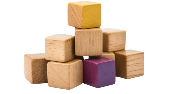 A stack of wooden blocks with a yellow block on top and a purple block near the bottom center on transparent background