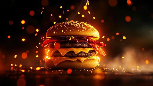 Fiery cheeseburger double patty grilled beef with bacon and melting cheese on sesame bun, blazing flames, juicy fast food dinner delight