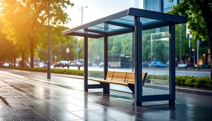 City Bus Stop on a Rainy Day Empty Shelter with Wet Pavement, and Urban Scene.