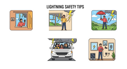 Lightning Safety Tips Staying Safe During Thunderstorms and Lightning. Vector Illustrations. EPS Editable