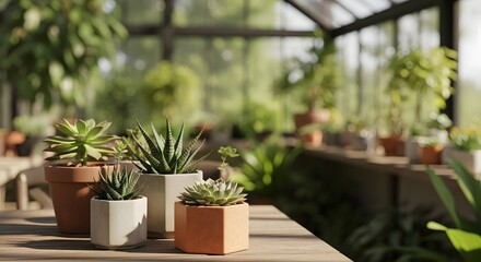 A variety of potted succulent plants sit on a wooden table in a bright, lush glass conservatory or greenhouse, promoting natural indoor decor and gardening