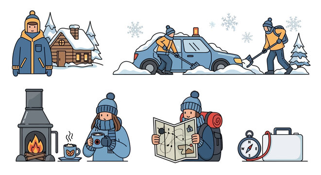 Winter Activities and Scenery Cozy Cabin Car Trouble and More. Vector Illustrations. EPS Editable