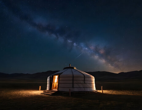 Under the Milky Way, a Mongolian ger. Generative AI.