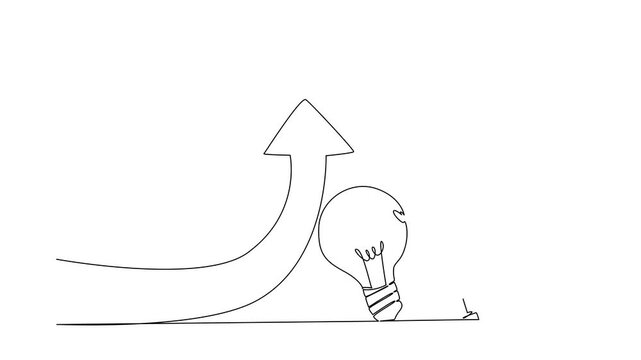 Self drawing animation single continuous line drawing a businessman pushes bulb lamp that holds an arrow so that it turns upwards. Raise level creativity. National Creativity Day. Full length animated