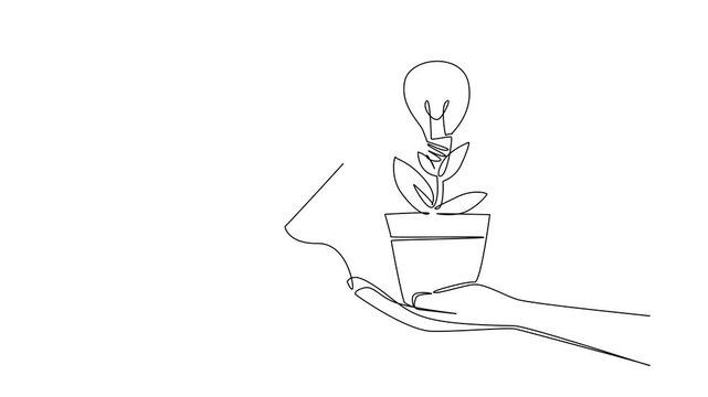 Self drawing animation continuous one line drawing hands holds pots containing plants with lightbulb flowers the others holds banknotes. Buying experience National Creativity Day. Full length animated - Powered by Adobe