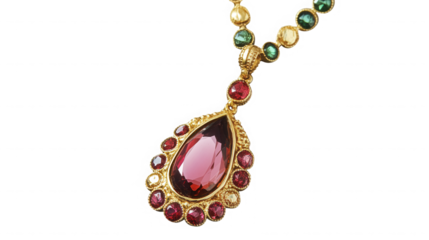 Elegant gold necklace featuring a large pink gemstone pendant on transparent background