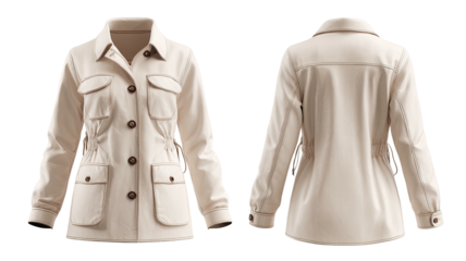 Beige jacket, front/back views, buttons, pockets, waist cinch