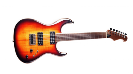 A close up of a sunburst electric guitar with a black background in a studio setting view on transparent background