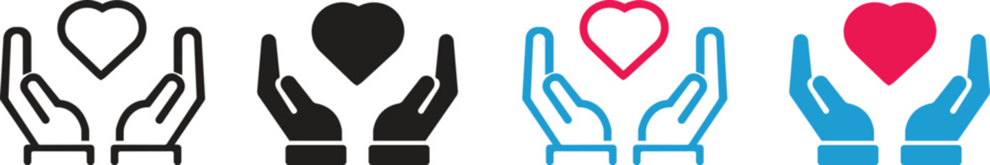 Obraz premium Heart in Hand Icon set. Healthcare, Donation and giving aid concept , Hands holding heart icon. Health, medicine symbol. Healthcare hands holding heart flat and line style. Love icon.
