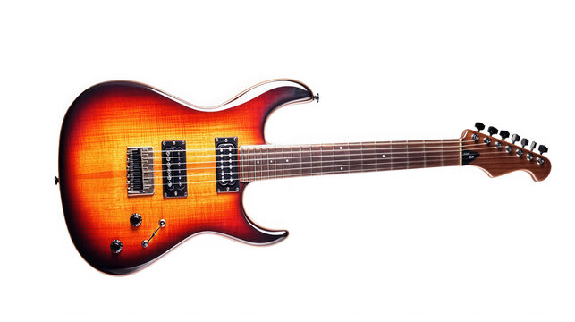 A close up of a sunburst electric guitar with a black background in a studio setting view on transparent background