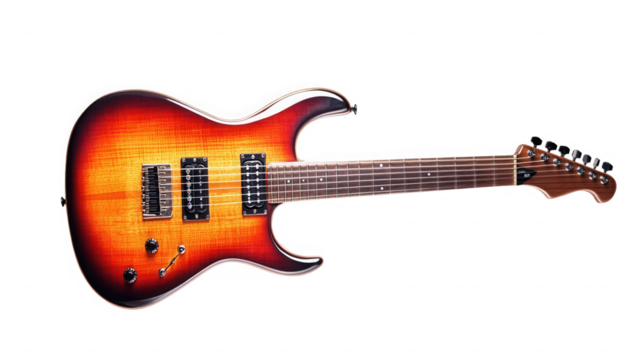 A close up of a sunburst electric guitar with a black background in a studio setting view on transparent background