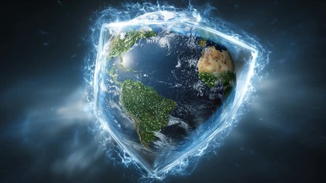 Earth in a protective Shield: The planet Earth encased within a shimmering, energetic shield, representing protection and preservation, a fusion of nature and advanced technology.
