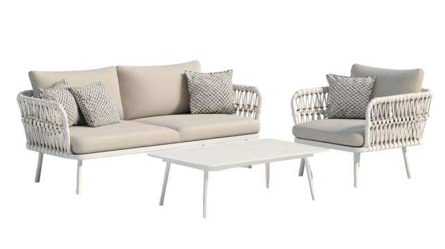 Outdoor furniture set sofa, chair, and table, all light-colored