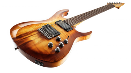 A detailed view of a brown and yellow electric guitar with multiple strings and black hardware on transparent background
