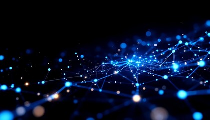 Glowing Blue Data Network with Interconnected Nodes and Lines on Dark Digital Technology Background