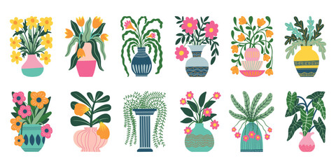 Hand Drawn Potted Plant Vector Set, Colorful Flower Vase Illustrations and Decorative Houseplants