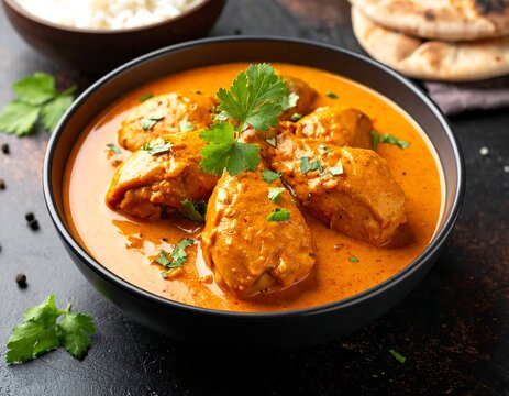 Creamy, rich orange chicken dish with fresh parsley and naan bread