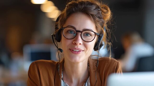 Smiling Support Specialist: A focused support specialist, radiating competence, engages with a client, fostering trust. The soft focus enhances her approachability.