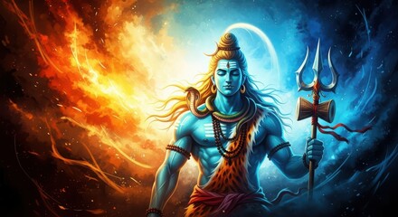 Naklejka premium Shiva divine power mystical cosmic energy spiritual deity hindu god vibrant color