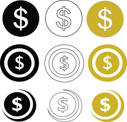 Minimal and bold dollar coin icon pack suitable for web design, accounting apps, and marketing visuals.