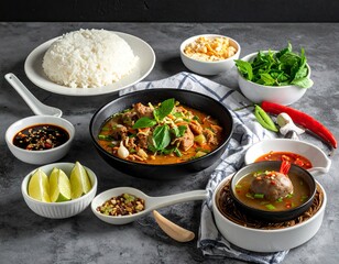 Delicious Thai Feast - Red Curry, Rice, and Fresh Vegetables.