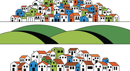 Naklejka premium Charming colorful village nestled in rolling green hills