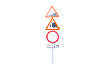 Aluminum warning sign drive slowly because road is steep isolated on cutout PNG or transparent background. No trucks allowed to pass through Length over 7m. Regulatory signs for vehicular traffic.