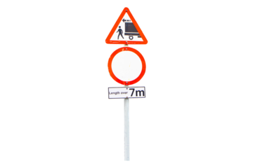 Aluminum warning sign drive slowly because road is steep. No trucks allowed to pass through Length over 7m. Regulatory signs for vehicular traffic. Isolated on cutout PNG or transparent background