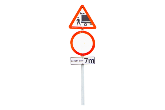 Aluminum warning sign drive slowly because road is steep. No trucks allowed to pass through Length over 7m. Regulatory signs for vehicular traffic. Isolated on cutout PNG or transparent background