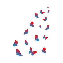 A flock of colorful butterflies fluttering against a clean white background.