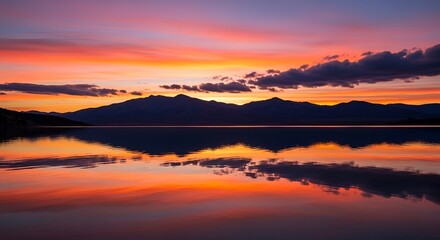 Naklejka premium Reflections of Serenity: A Tranquil Lake Scene at Colorful Sunset or Sunrise