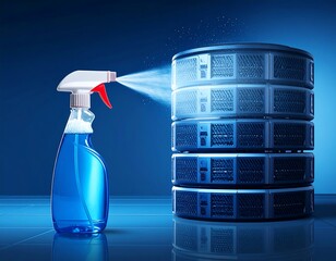 Illustration of a spray bottle sanitizing server racks for data cleanup
