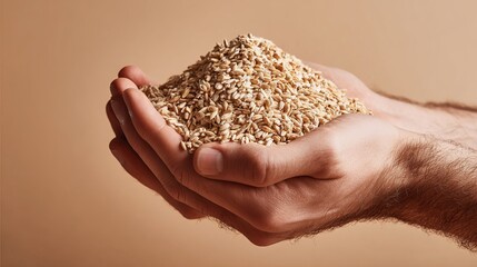 A man hands holding pelletized grain in bright studio light.