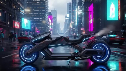 Cutting-edge futuristic motorcycle with luminous blue wheels, parked on a wet urban street at night, reflecting the vibrant neon glow of a digitally envisioned metropolitan environment - Powered by Adobe