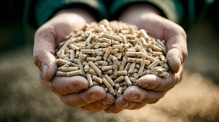 Hands holding cylindrical feed pellets with soft blurred background.