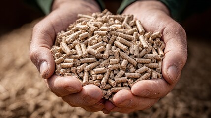 Hands holding cylindrical feed pellets with soft blurred background.