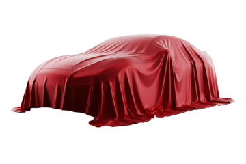 New car reveal red cloth cover luxury automobile presentation