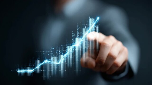 Ascending Charts of Prosperity: A finger tracing the path of a luminous graph ascending, reflecting financial growth and positive business trends.