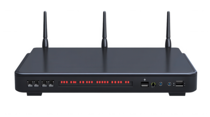 Modern black wireless router with three antennas for fast internet connection on transparent background