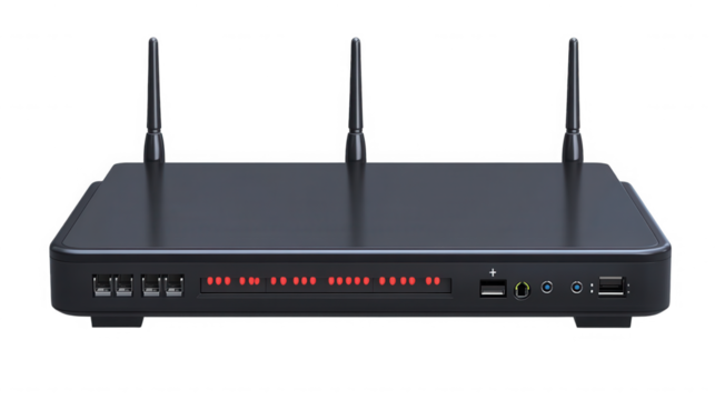 Modern black wireless router with three antennas for fast internet connection on transparent background